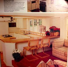 the kitchen and living room are shown in this magazine