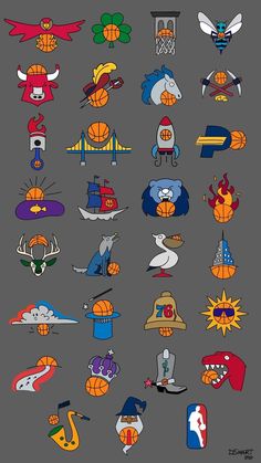 an image of many different sports logos on a gray background, including basketballs and birds