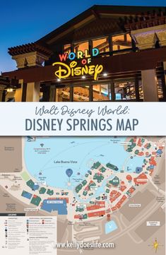 the disney world map and its location in front of a building at night with text overlay