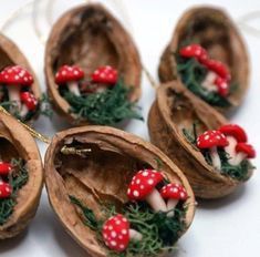 four small mushrooms with red caps and green leaves on them are sitting in the shell