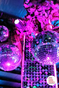 several disco balls hanging from the ceiling in front of purple and green plants with lights