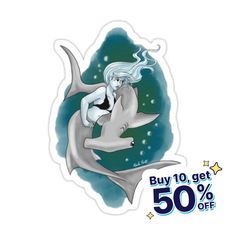 a sticker with an image of a woman riding a dolphin on it's back