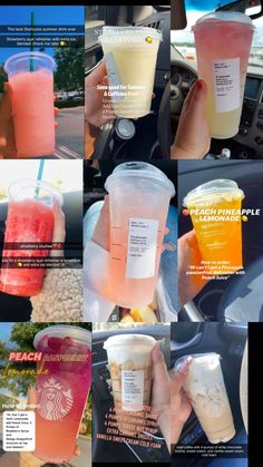 several different types of drinks in plastic cups