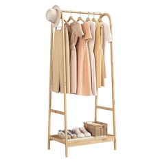 a wooden rack with clothes and shoes on it