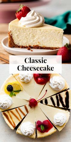 the cheesecake is topped with whipped cream and strawberries on top, along with other desserts