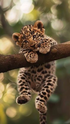 a baby leopard is climbing on a tree branch with its paws in the air and it's eyes closed