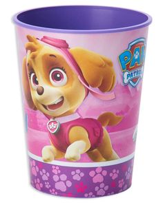 the paw patrol plastic cup is purple and has a cartoon dog on it's side