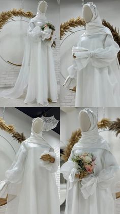 four pictures of the same white dress with bows and flowers on it, all in different angles