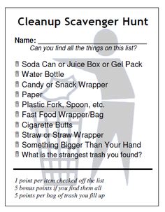 the clean up scavenger hunt for kids is shown in this printable form