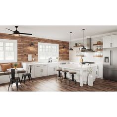 a kitchen with wood paneling and white cabinetry is shown in this rendering image