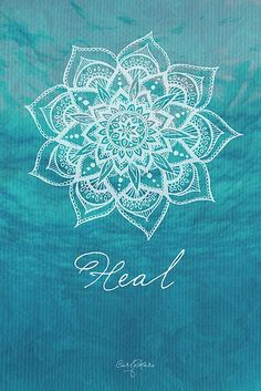 a blue and white flower with the word heal on it's center, surrounded by water