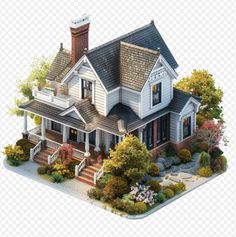 a drawing of a house with trees and bushes on the front lawn, hd png