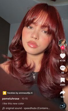 Good Hair Colors For Dark Skin, Pameluhrose Hair, Wispy Curtain Bangs Red Hair, Hair Colour Inspo 2023, Short Red Hair Costume Ideas, Dark Red With Curtain Bangs, Red Bangs With Brown Hair, Natural Red Hair With Curtain Bangs, Red Hair Tanned Skin