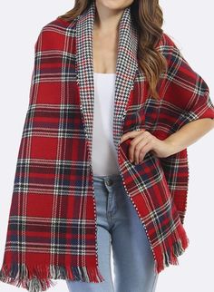 Toast any season with this cozy classic - Reversible Tartan Fringe Shawl in two colors: red and green. Super soft, practical and comfortable - slip on one on-the-go, in the office and over your favorite tee, sweater, jacket or coat. Add a holiday flavor with this classic tartan piece. 76" L X 22" W Soft and cozy feel Tartan Blanket Scarf, Bohemian Scarves, Plaid Shawl, Tartan Blanket, Fringe Shawl, Tartan Scarf, Stylish Scarves, Plaid Blanket Scarf, Plaid Blanket