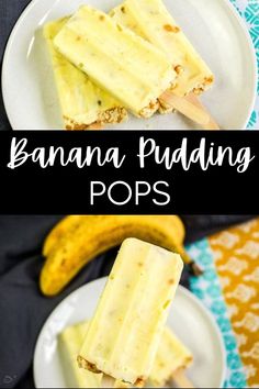 banana pudding pops on a white plate with bananas in the background and text overlay