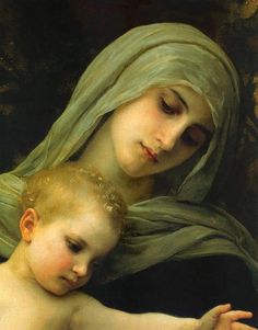 a painting of a woman holding a child's head and looking down at something