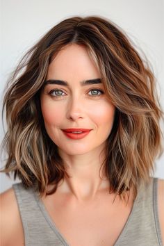 Shoulder-Length Waves with Center Part Hairstyle for Women Over 40 with Thick Hair. Midlength Haircuts Over 40, Hairstyles For Medium Length Hair For Women In 40s, Messy Layered Bob Mid Length, Shoulder Length Hair Middle Aged Women, Hair For 38 Year Old Women, Ladies Layered Hairstyles, Medium Length Hair Women In 40s, Thick Wavy Hair Styles For Women, Mid Length Hairstyles Thick Hair