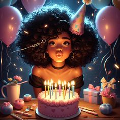 a painting of a woman sitting in front of a birthday cake with candles on it