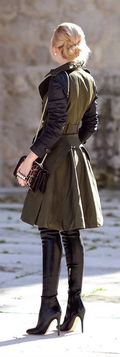 Over the knee, Dark Khaki Street Chic Trench by Oh My Vogue Fall Fashion Coats, Mode Casual, Dark Khaki, Winter Mode, Street Chic, Trench Coats, Womens Fashion Trends, Wearing Black, Over The Knee