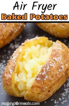 baked potatoes in an air fryer with text overlay