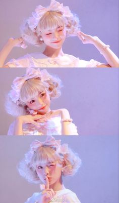 three different images of a woman with blonde hair and white dress, one is holding her hands to her face