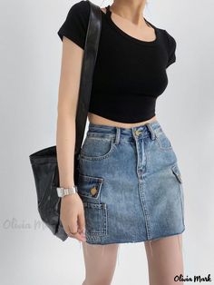 Olivia Mark - High-Waisted Denim Utility Skirt with Multiple Pockets, Casual Short Skirt, Raw Edge Hem, Anti-Exposure Design Cheap Denim Cutoff Skirt, Casual Short Skirt, Elegant Midi Skirt, Utility Skirt, Skirts Midi High Waisted, Wrap Around Skirt, Lace Collar, Short Skirt, Types Of Skirts