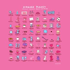 a pink poster with different things on it and the words strange planet written in white