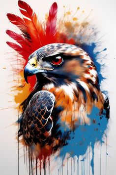 an eagle with feathers painted on it's head and wings in red, orange, blue