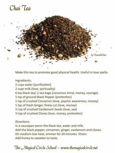 the ingredients for chai tea are shown in this poster, with instructions on how to use