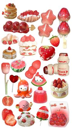 a bunch of different types of food on a white background with the words hello kitty written below it