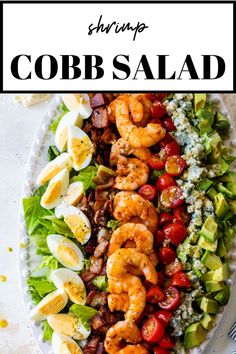 shrimp cobb salad on a white plate with text overlay