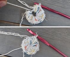 two pictures showing how to crochet the same yarn ball with one knitting needle