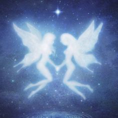 two angels in the sky with stars above them