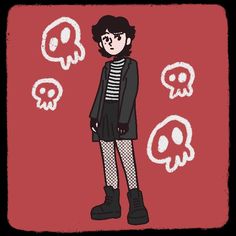 a drawing of a woman standing in front of some skulls on a red background with black and white stripes