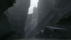 an animated city with tall buildings in the fog