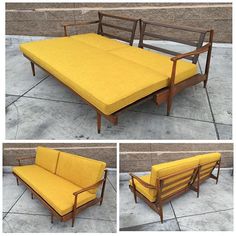 three different views of a yellow couch and loveseat on the sidewalk, one is empty