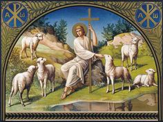 an image of jesus on the cross surrounded by sheep