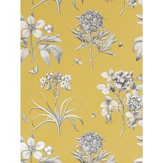 a yellow wallpaper with white and black flowers on the front, one flower in the middle