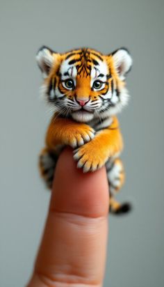 a tiny tiger cub sitting on top of a finger