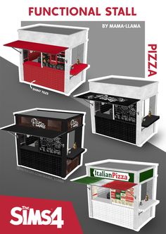 three different types of food stand with the names and numbers on each side, including pizza hut