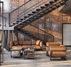 a living room filled with lots of furniture next to a metal stair case on the wall