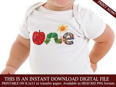 a baby wearing a white shirt with an apple on it's chest and the words, this is an instant digital file for printable 8x1 transfer paper available in high