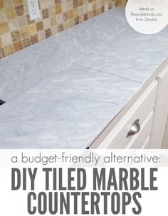 a kitchen counter top with the words diy tile marble countertops