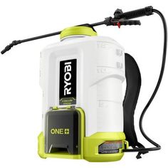 a green and white sprayer on a white background with a black hose attached to it