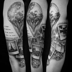 black and white tattoos with different pictures on them