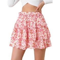 Simple and cute, this skirt is complete with a floral print, a layered ruffle hem, and an elastic high waist. Enchanting blooms sweeten this mini skirt. A romantic look in spring and a fresh look in summer. Add a completely cute and unique vibe to your look with this floral mini-skirt. This skirt is suitable for going to the beach, which is unique and cool and can attract people’s attention. Perfect to pair it with sandals or high heels for a sweet look. Mini Skirt Pink, Cherry Print Dress, Wide Leg Romper, Going To The Beach, A Line Mini Skirt, Uk Clothing, Floral Mini Skirt, Mini Short, Cute Skirts