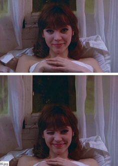 two pictures of a woman in bed with her hand on her chest and the other side showing