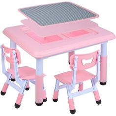 a pink children's table and chair set with matching trays for the top