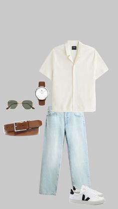 a man's outfit with sunglasses, watch and shoes