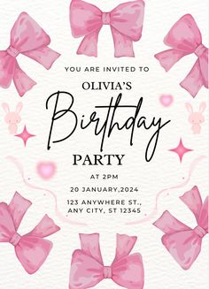 Super cute girly and coquette pink bow birthday invitation for all ages! Pink Bows Birthday, 21st Birthday Ideas Invitations, Bday Invite Ideas, Birthday Card Ideas Invitation, Preppy Invitations Birthday, Pink And Bows Birthday, Birthday Invite Pink, Invite Birthday Card, 17th Birthday Invitations Ideas